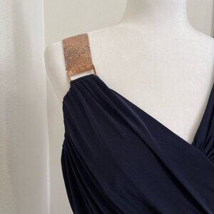 Betsy & Adam Navy Ruched One Shoulder Draped Cocktail Dress Metallic Strap Sz 12